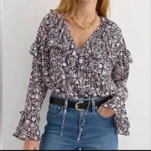 J. Crew Ruffle Crinkle Chiffon Top Blouse in Floral Flourish M Medium